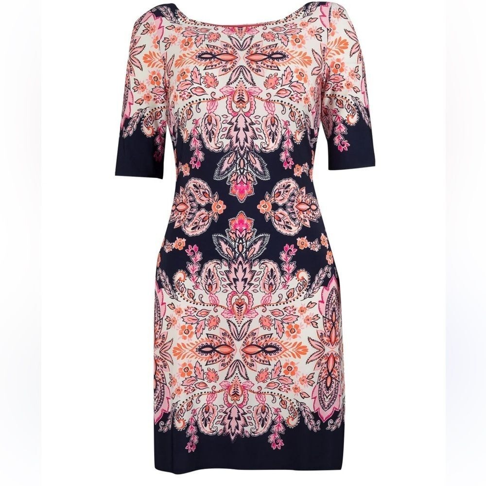 Eliza J Navy Pink Medallion Paisley Sheath Dress Elbow Sleeve EJ8M7501 - 2 (860)